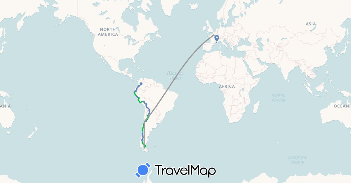 TravelMap itinerary: driving, bus, plane, cycling, hiking, boat in Argentina, Bolivia, Chile, Colombia, Ecuador, France, Peru (Europe, South America)
